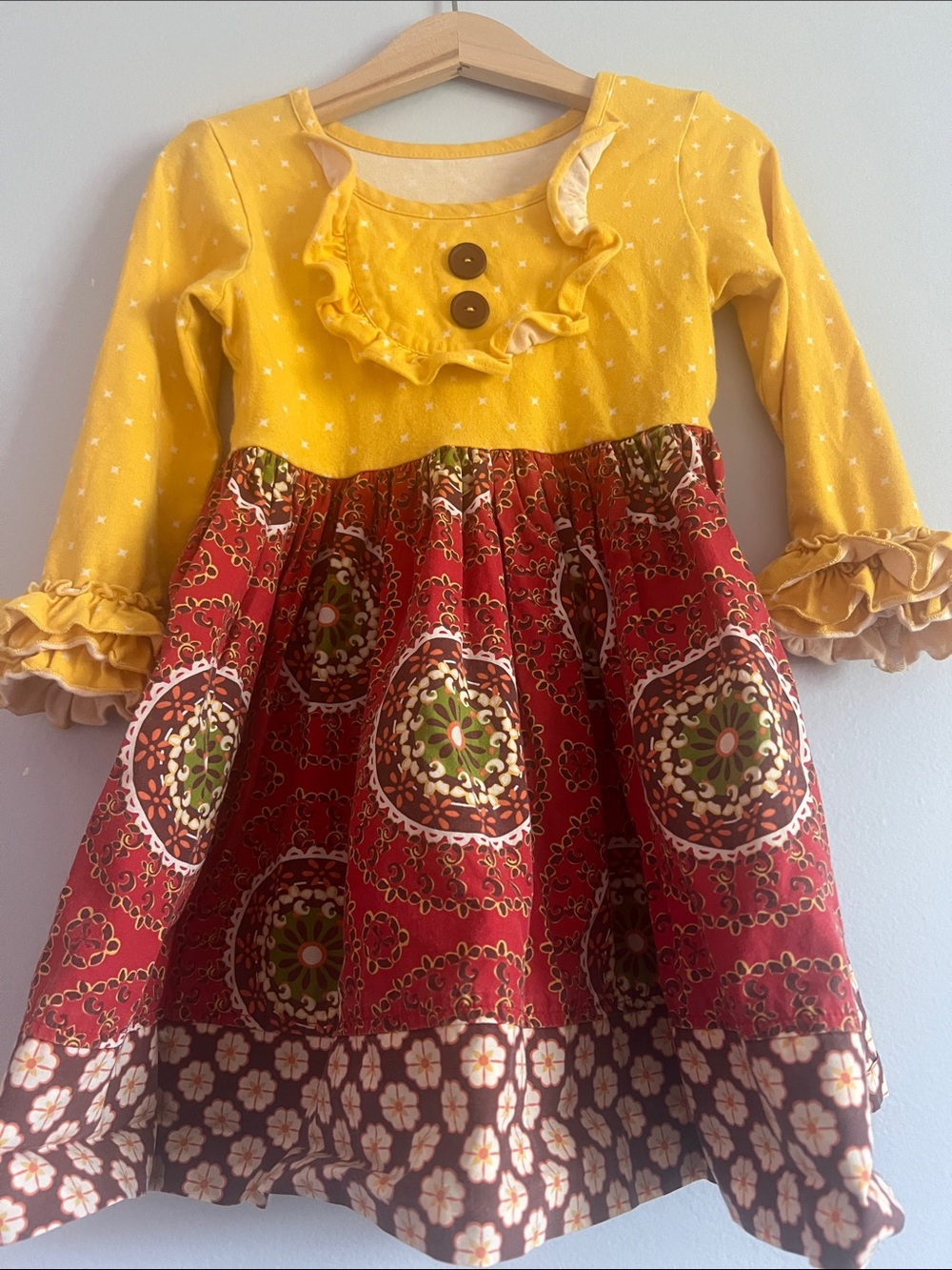 Eleanor Rose Yellow Bodice with Red Patterned Skirt Ruffle Dress